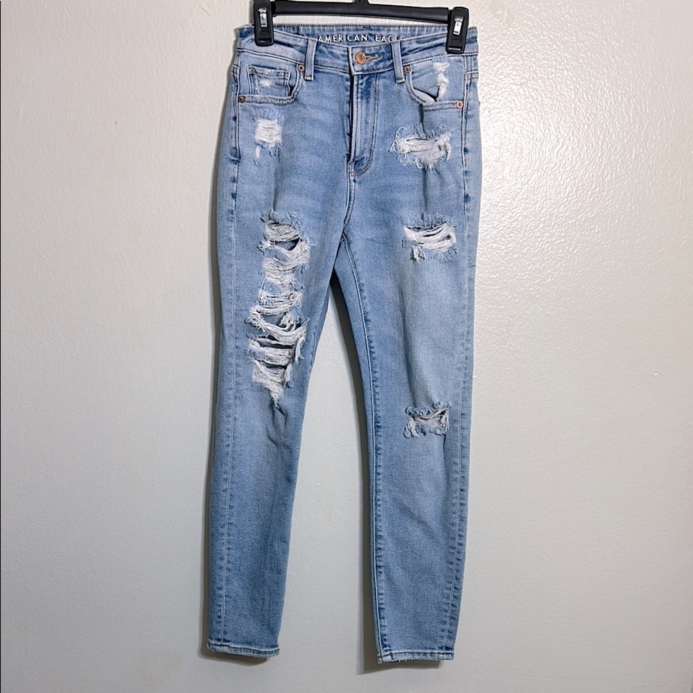 American Eagle Outfitters Blue Skinny Jeans with Distressed Details
